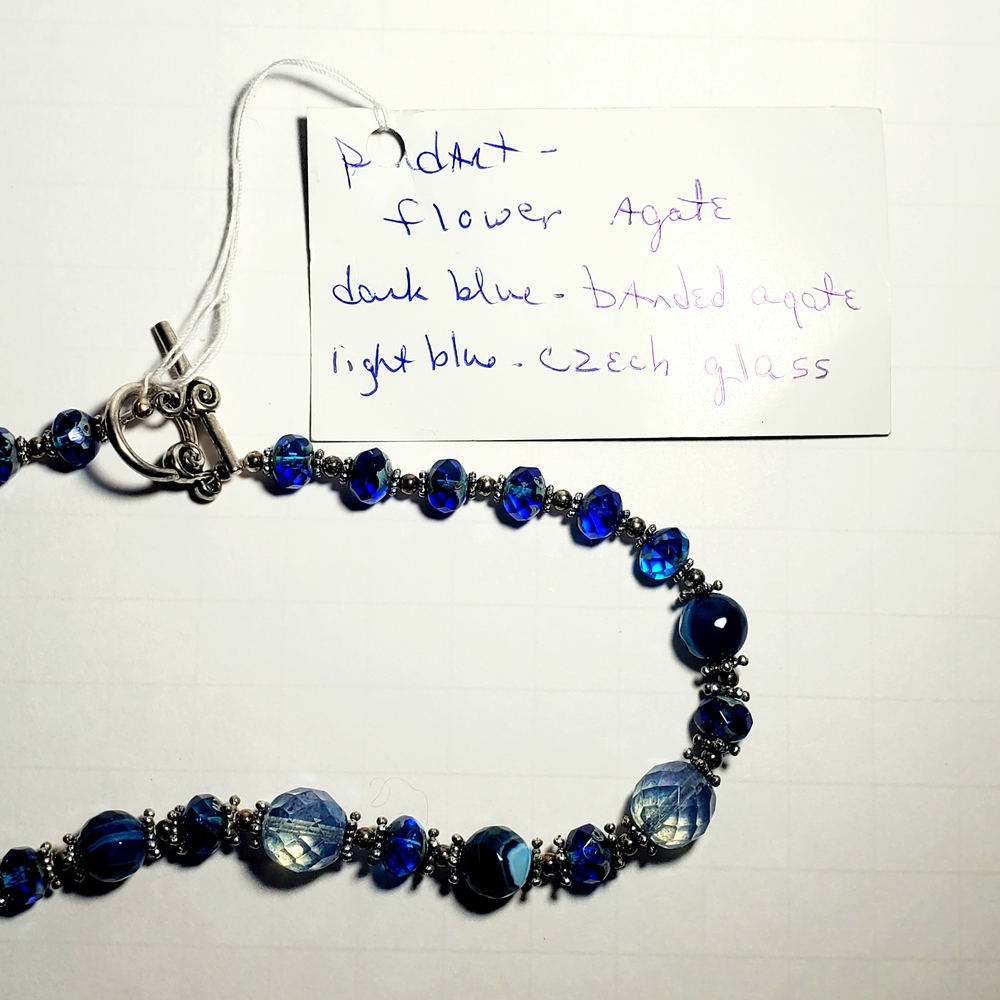 Flower Agate Pendant Necklace with Blue Czech Glass & Blue Banded Agate Beads - Picture 12 of 13